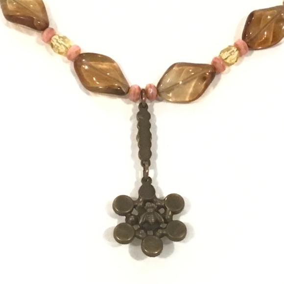 Mary Demarco Flower Pendant Brown Pink & Yellow Glass & Stone Beaded Necklace - Picture 6 of 7